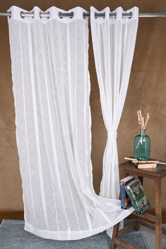 Mero Collection Curtains with Eyelet patttern in Sheer fabric with self textures in Pearl White Colour Stripe