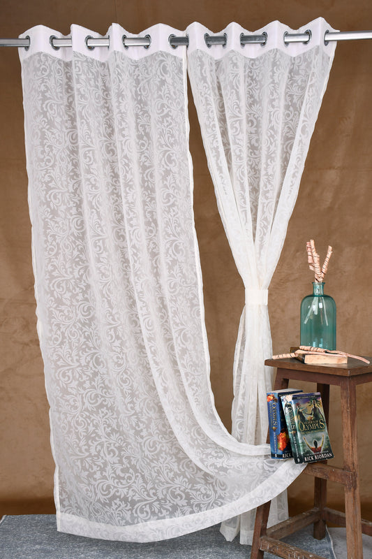 Mero Collection Curtains with Eyelet patttern in Sheer fabric with self textures in Cream Off-White Colour