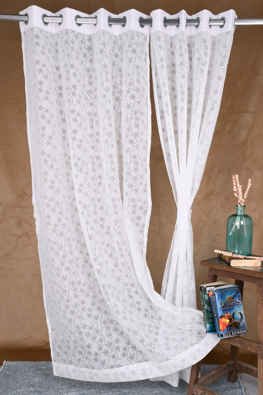 Mero Collection Curtains with Eyelet patttern in Sheer fabric with self textures in Cream Off-White Colour Leafy