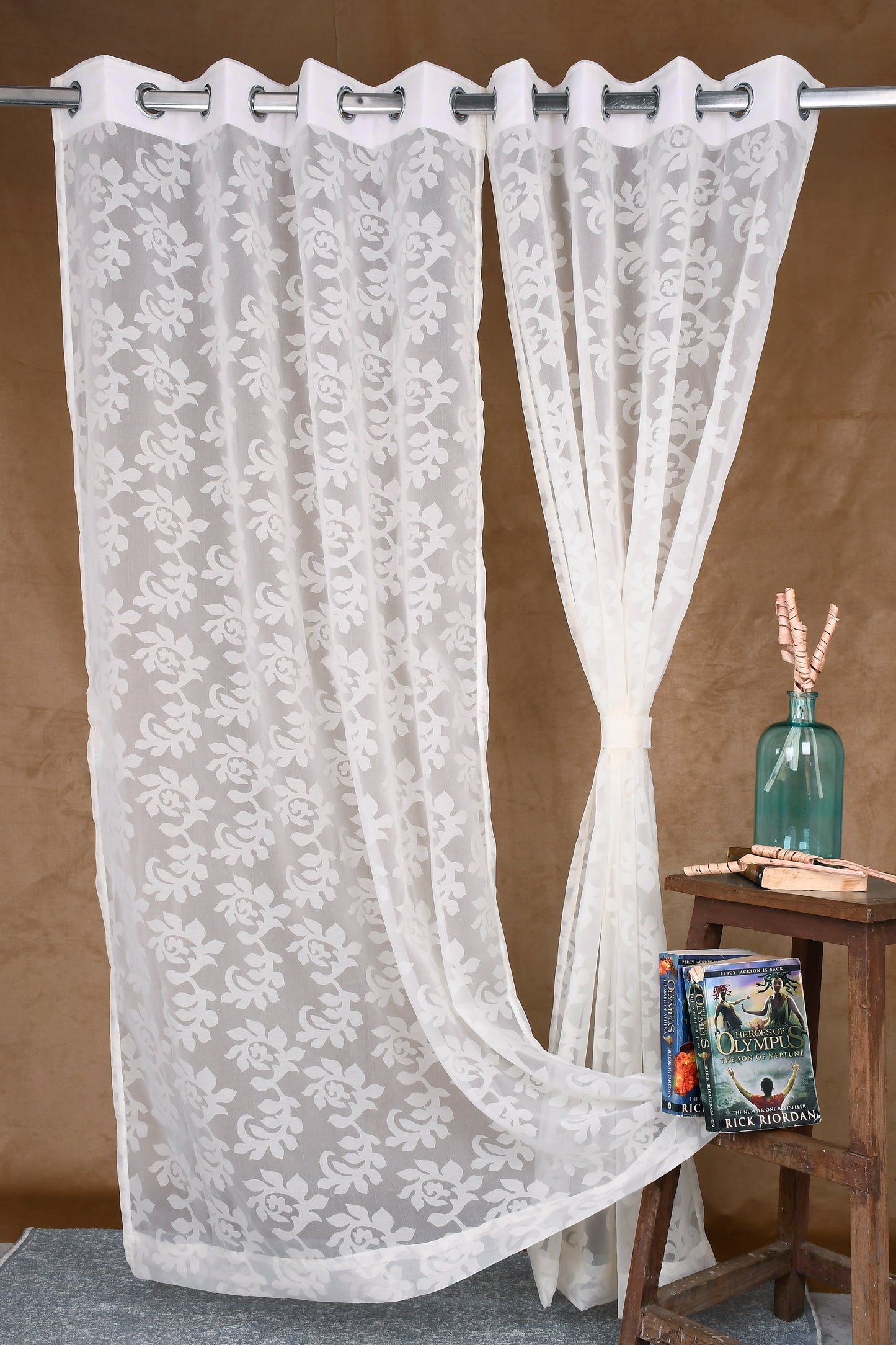 Mero Collection Curtains with Eyelet patttern in Sheer fabric with self textures in Cream Off- White Colour Leaf Brasso