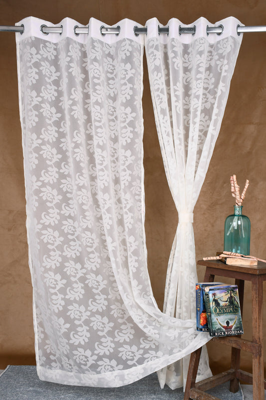 Mero Collection Curtains with Eyelet patttern in Sheer fabric with self textures in Cream Off- White Colour Leaf Brasso