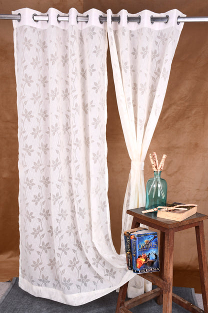 Mero Collection Curtains with Eyelet patttern in Sheer fabric with self textures in Cream Off-White Colour Floral Brasso