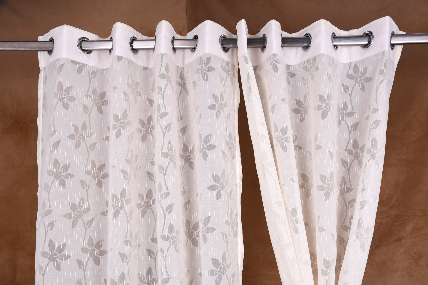 Mero Collection Curtains with Eyelet patttern in Sheer fabric with self textures in Cream Off-White Colour Floral Brasso