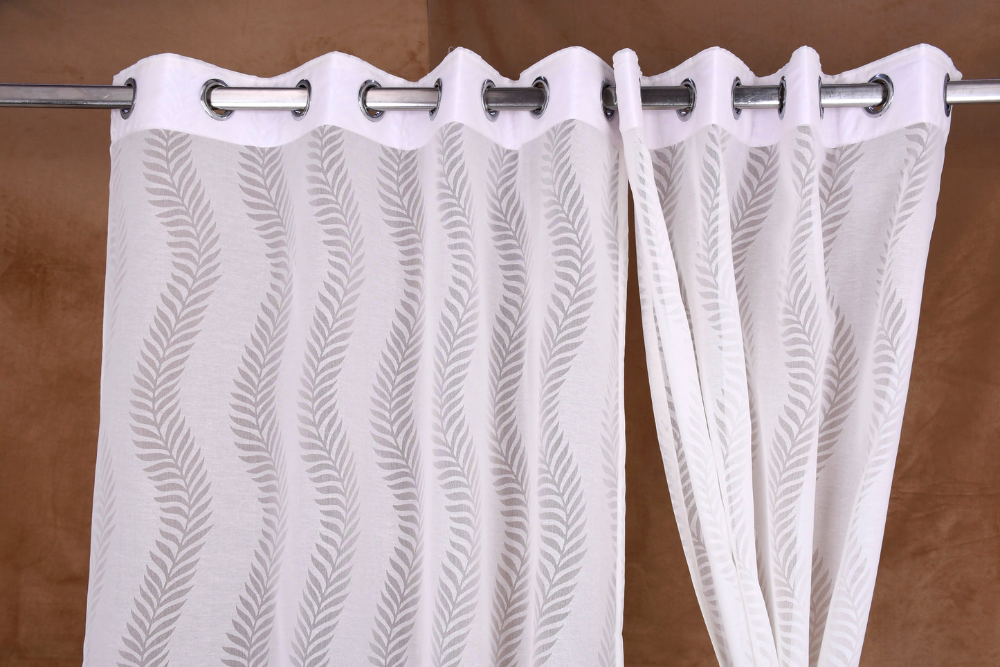 Mero Collection Curtains with Eyelet patttern in Sheer fabric with self textures in Pearl White Colour Stripe Leaf Brasso
