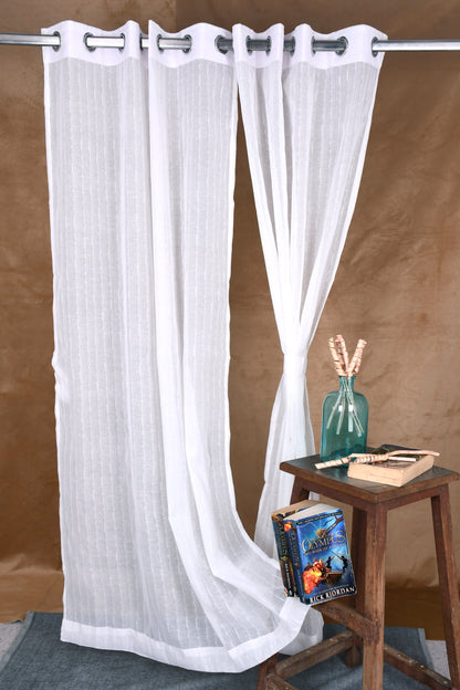 Mero Collection Curtains with Eyelet patttern in Sheer fabric with self textures in OffWhite Colour  Thin Broken Stripe Design