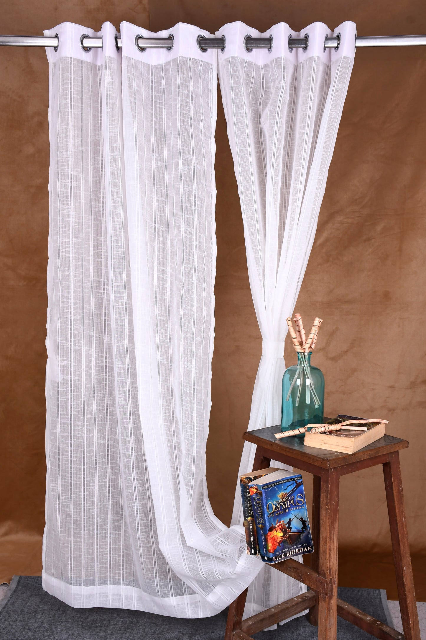 Mero Collection Curtains with Eyelet patttern in Sheer fabric with self textures in OffWhite Colour Double Stripe