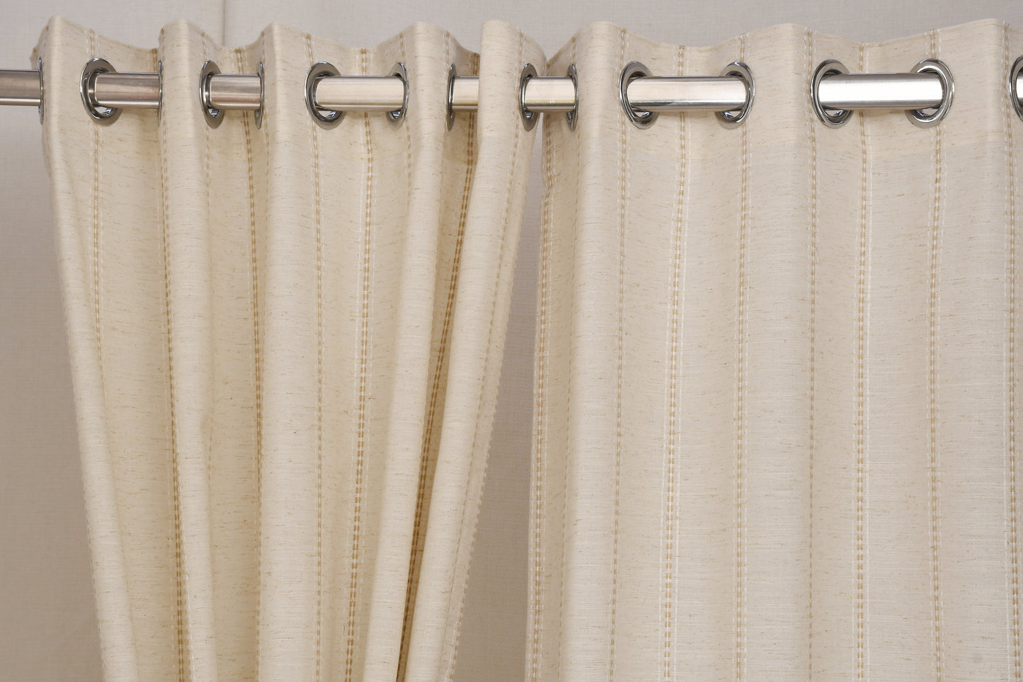 Ricamo Collection Curtains in Eyelet patttern with Stripe Embroidered Work Design in Natural Linen Colour.