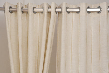 Ricamo Collection Curtains in Eyelet patttern with Stripe Embroidered Work Design in Natural Linen Colour.