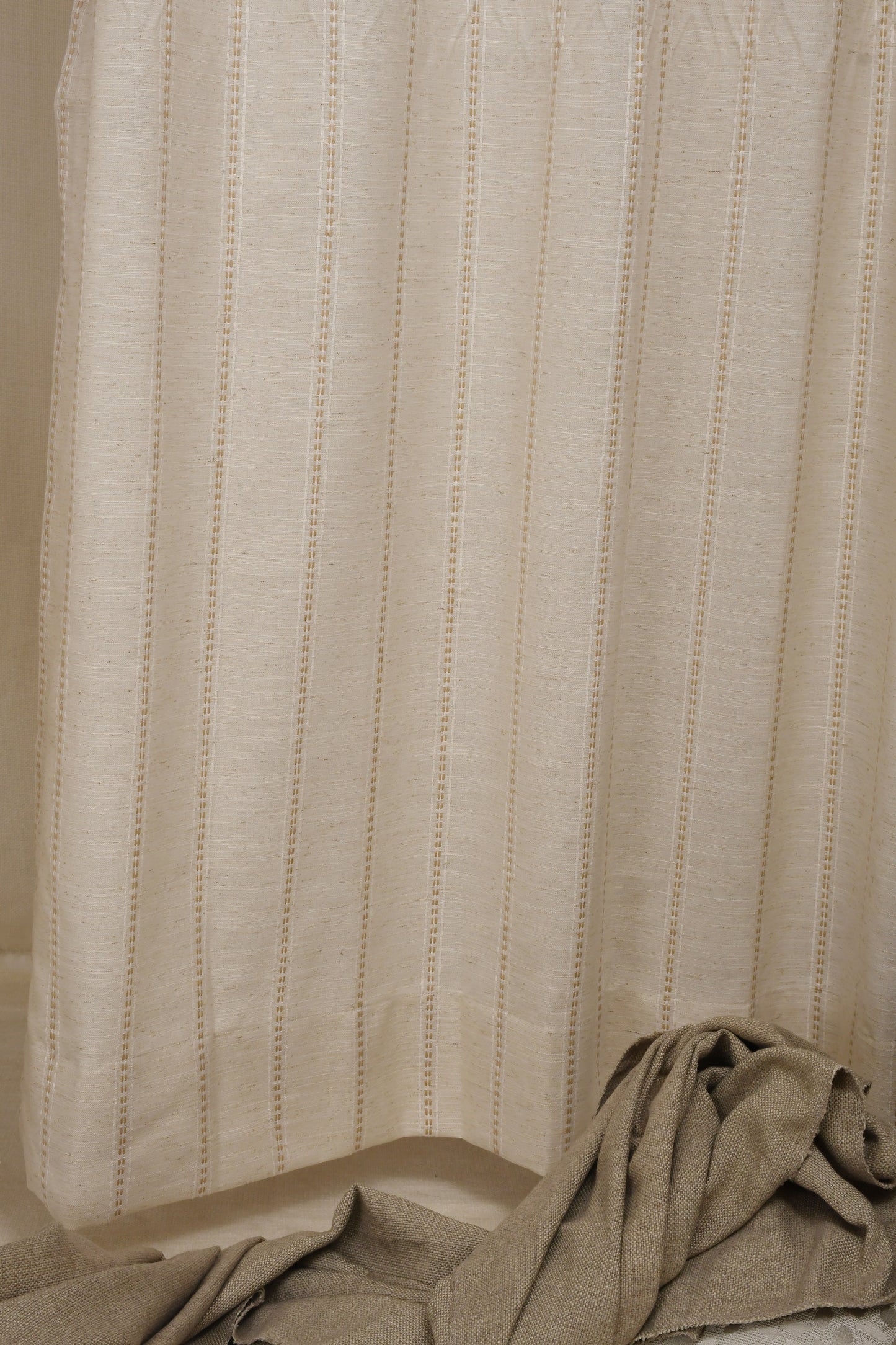Ricamo Collection Curtains in Eyelet patttern with Stripe Embroidered Work Design in Natural Linen Colour.