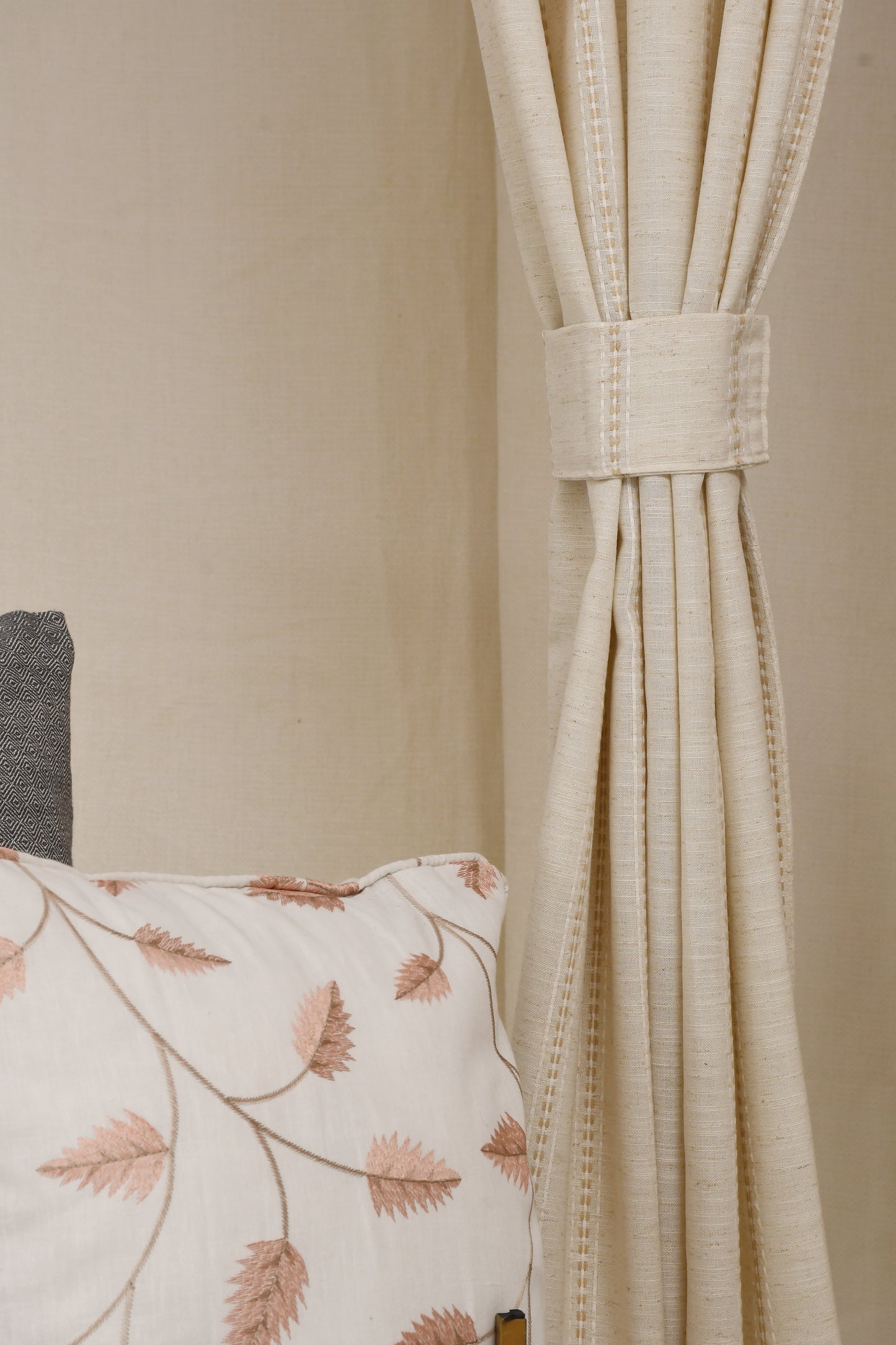 Ricamo Collection Curtains in Eyelet patttern with Stripe Embroidered Work Design in Natural Linen Colour.