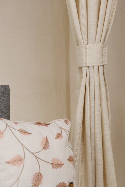 Ricamo Collection Curtains in Eyelet patttern with Stripe Embroidered Work Design in Natural Linen Colour.
