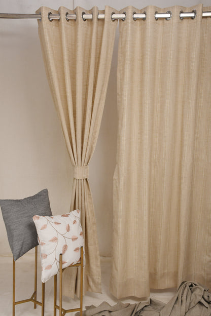 Ricamo Collection Curtains in Eyelet patttern with Stripe Embroidered Work Design in Light Mustard Colour