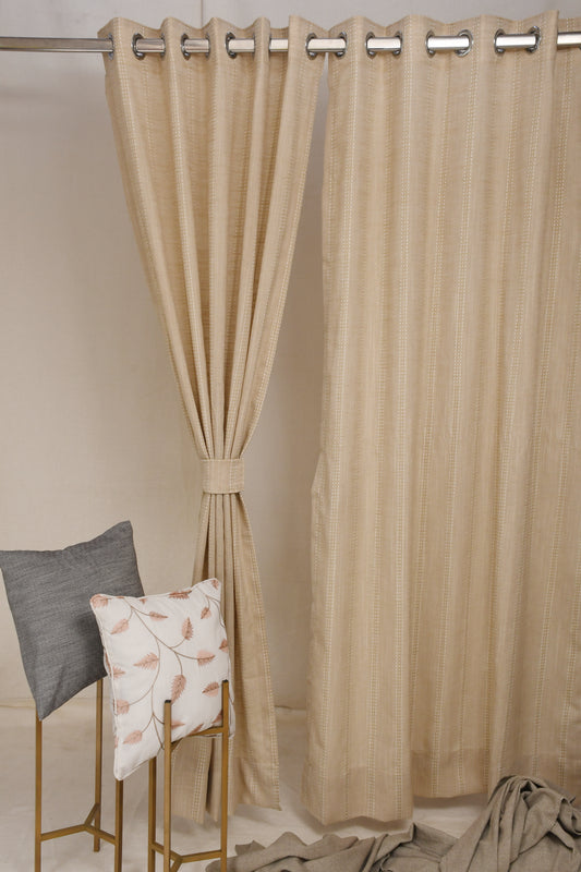 Ricamo Collection Curtains in Eyelet patttern with Stripe Embroidered Work Design in Light Mustard Colour