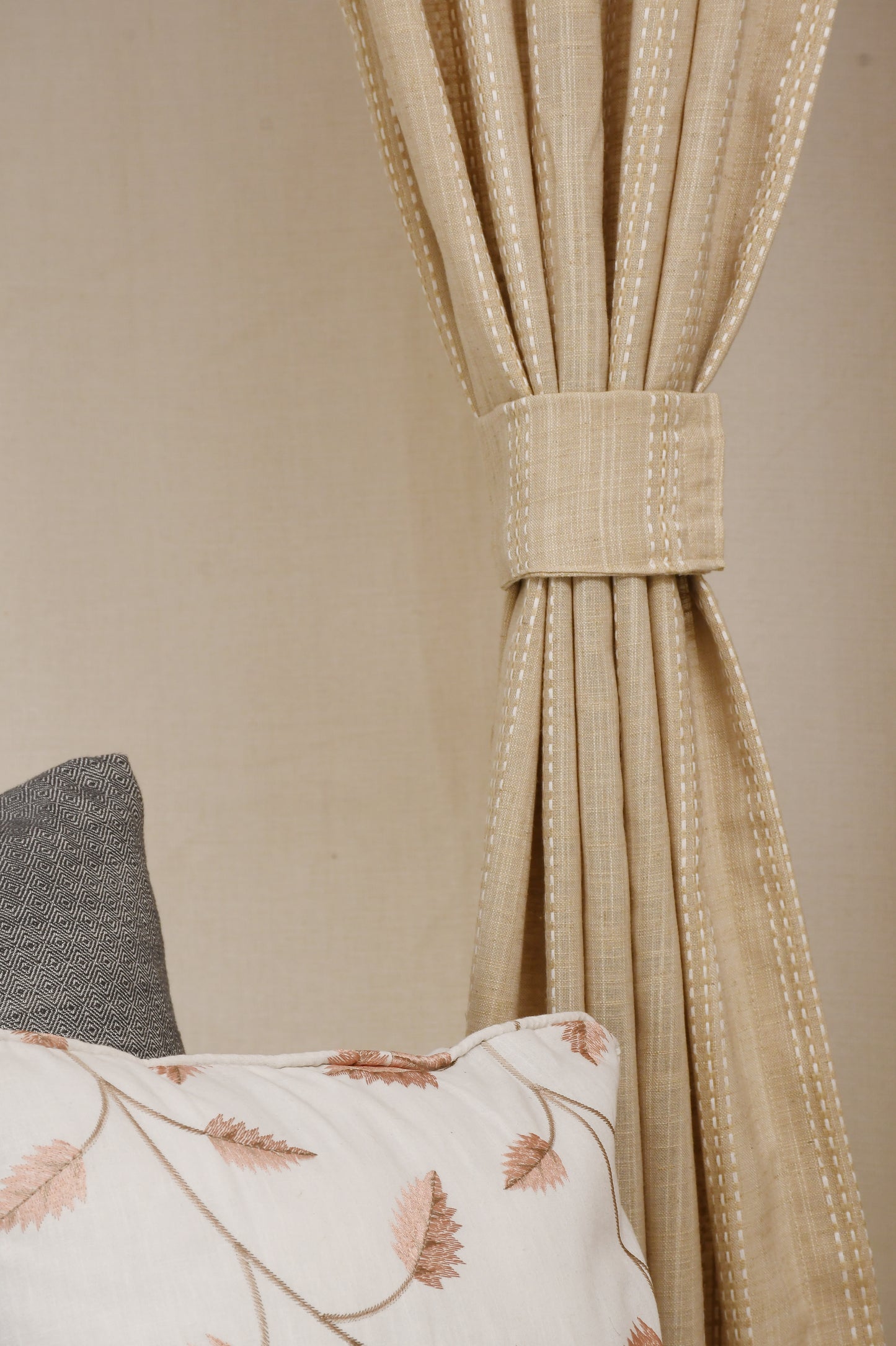 Ricamo Collection Curtains in Eyelet patttern with Stripe Embroidered Work Design in Light Mustard Colour