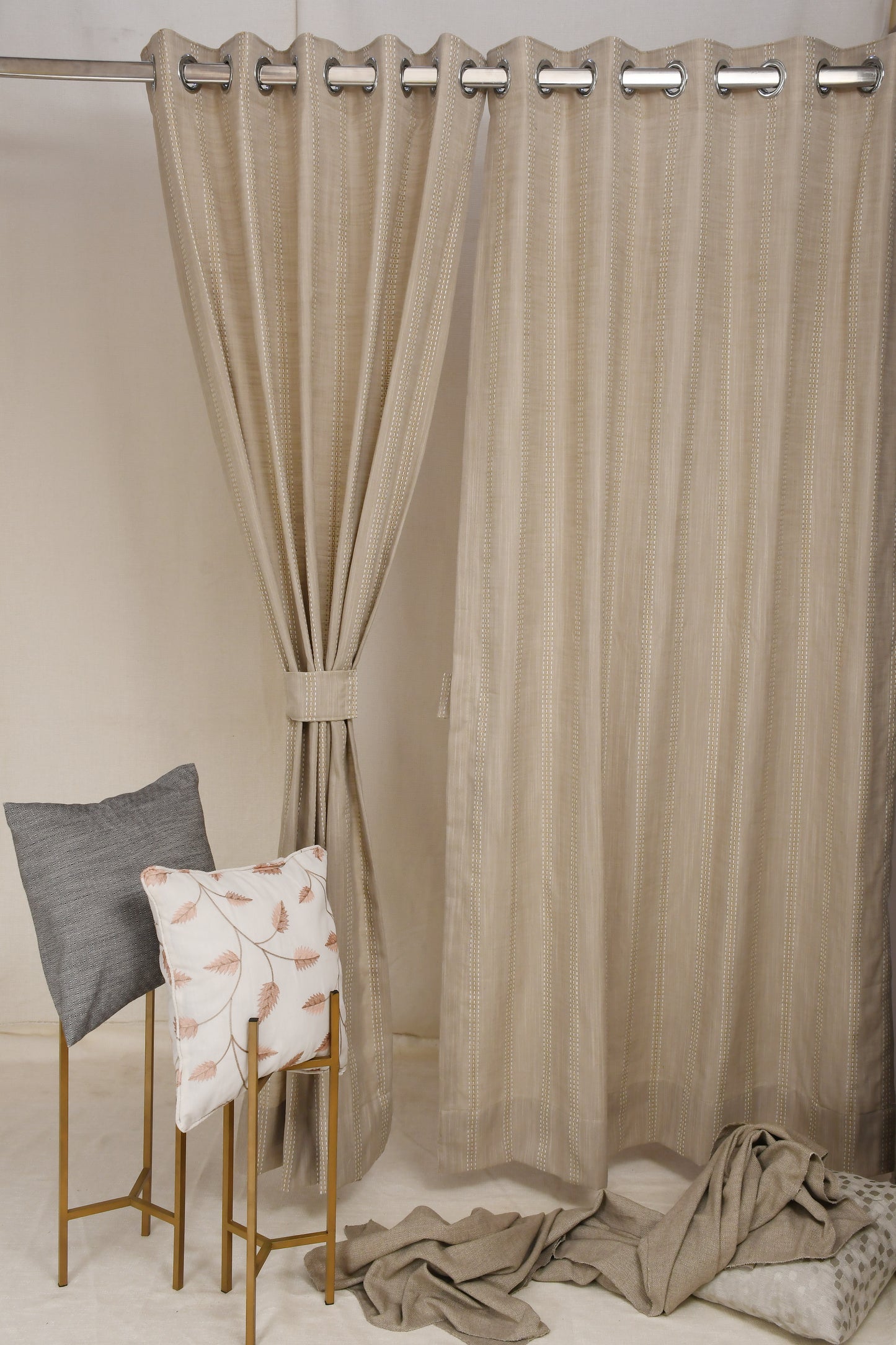 Ricamo Collection Curtains in Eyelet patttern with Stripe Embroidered Work Design in Buff Colour.