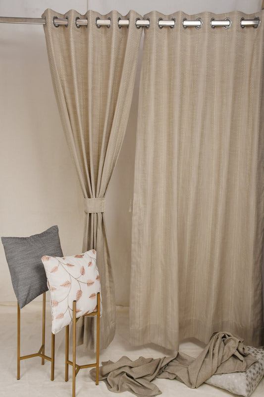 Ricamo Collection Curtains in Eyelet patttern with Stripe Embroidered Work Design in Buff Colour.
