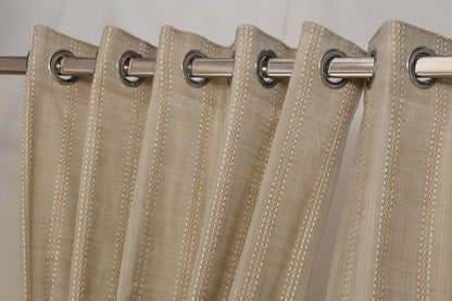 Ricamo Collection Curtains in Eyelet patttern with Stripe Embroidered Work Design in Buff Colour.