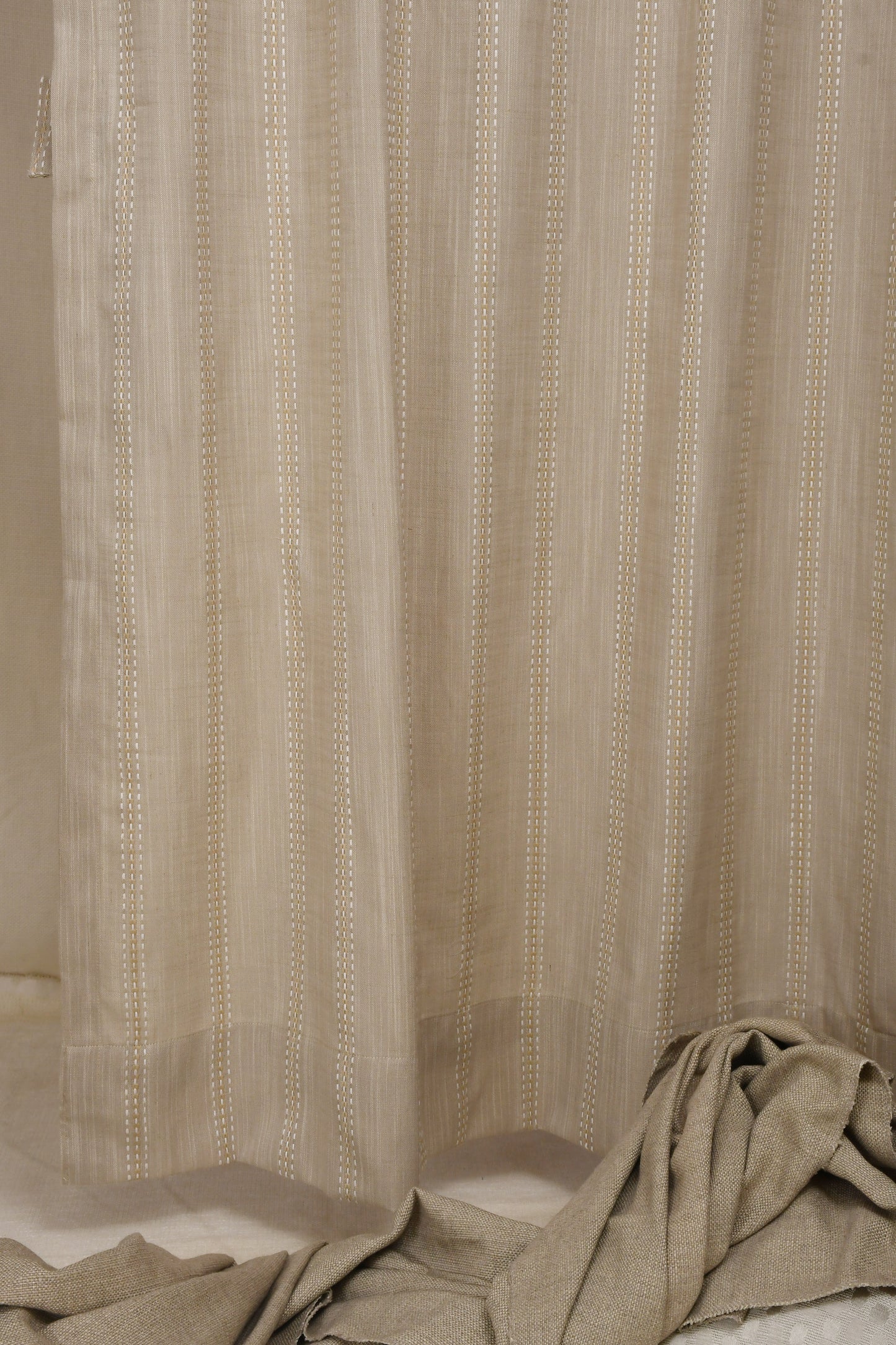 Ricamo Collection Curtains in Eyelet patttern with Stripe Embroidered Work Design in Buff Colour.