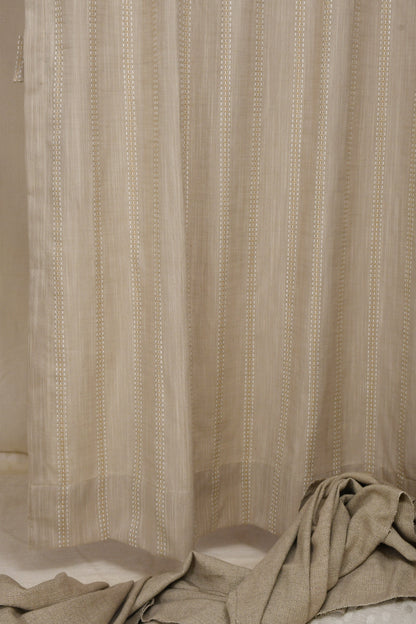 Ricamo Collection Curtains in Eyelet patttern with Stripe Embroidered Work Design in Buff Colour.