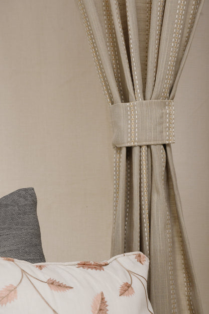 Ricamo Collection Curtains in Eyelet patttern with Stripe Embroidered Work Design in Buff Colour.
