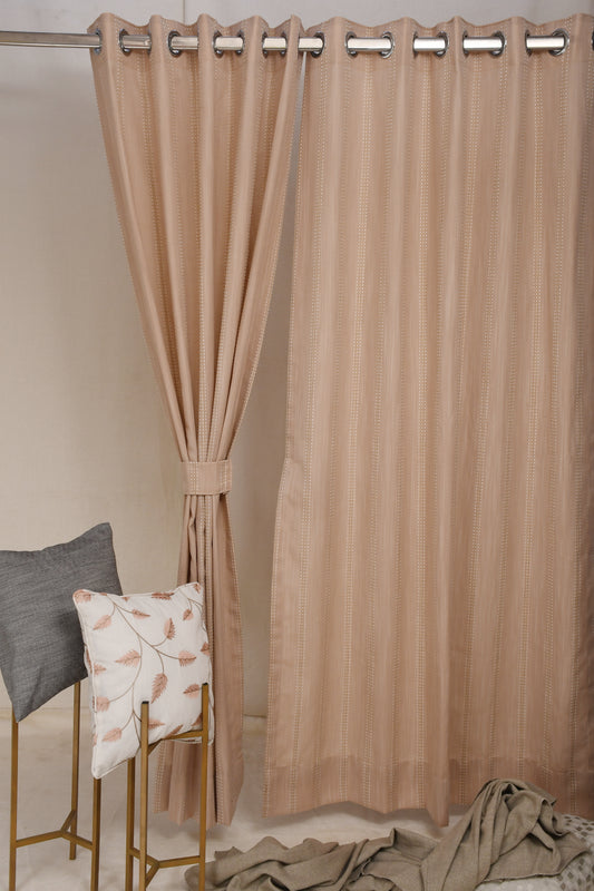Ricamo Collection Curtains in Eyelet patttern with Stripe Embroidered Work Design in Peach Colour.