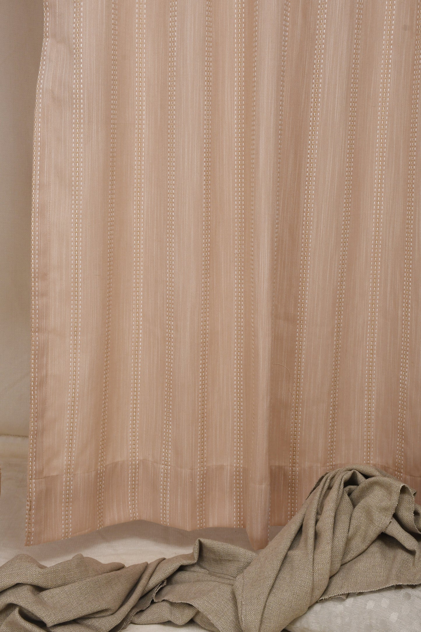 Ricamo Collection Curtains in Eyelet patttern with Stripe Embroidered Work Design in Peach Colour.