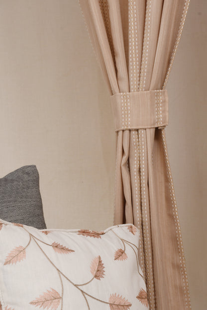 Ricamo Collection Curtains in Eyelet patttern with Stripe Embroidered Work Design in Peach Colour.