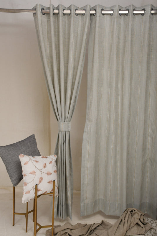 Ricamo Collection Curtains in Eyelet patttern with Stripe Embroidered Work Design in Pista  Colour.