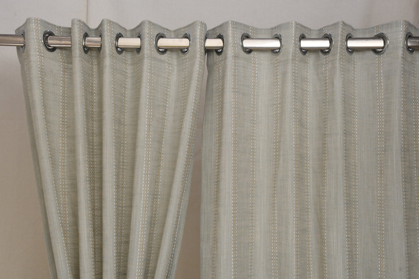 Ricamo Collection Curtains in Eyelet patttern with Stripe Embroidered Work Design in Pista  Colour.