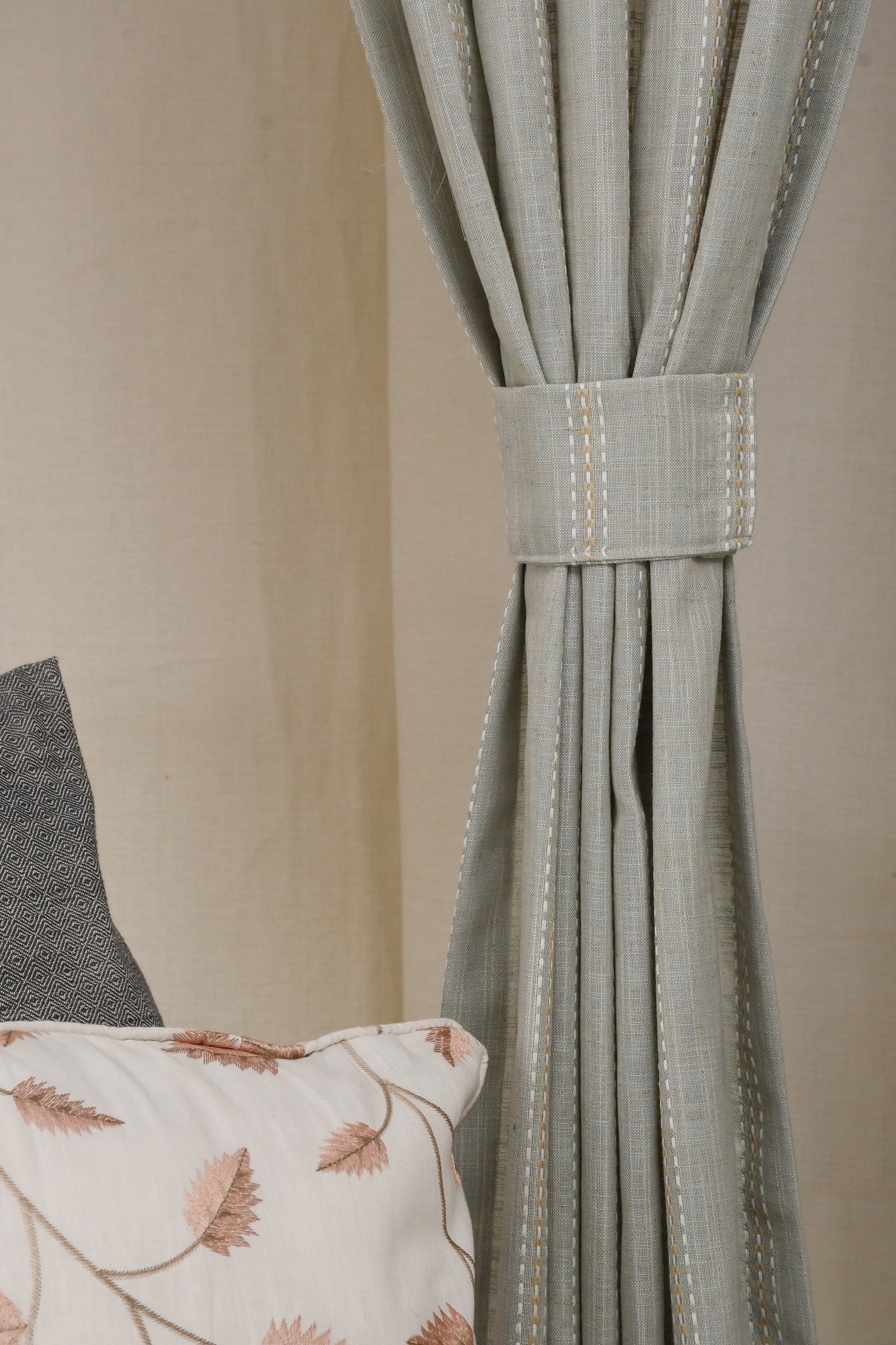 Ricamo Collection Curtains in Eyelet patttern with Stripe Embroidered Work Design in Pista  Colour.