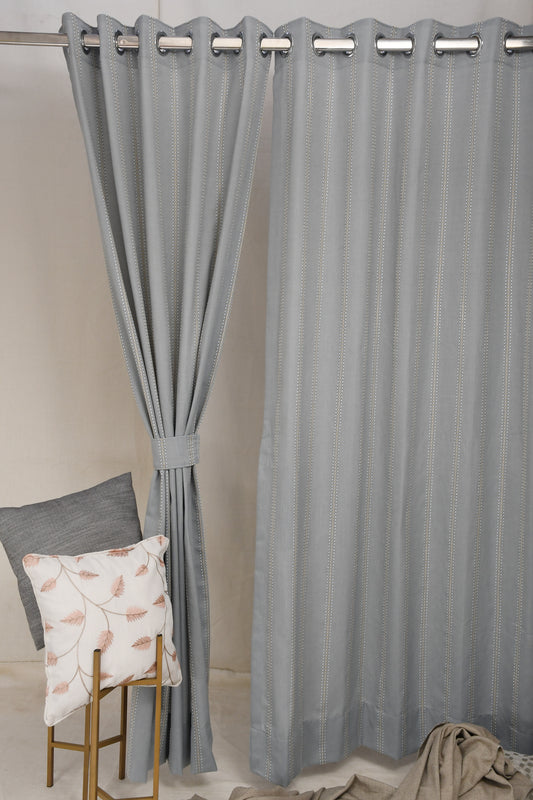 Ricamo Collection Curtains in Eyelet patttern with Stripe Embroidered Work Design in Light Blue Colour.