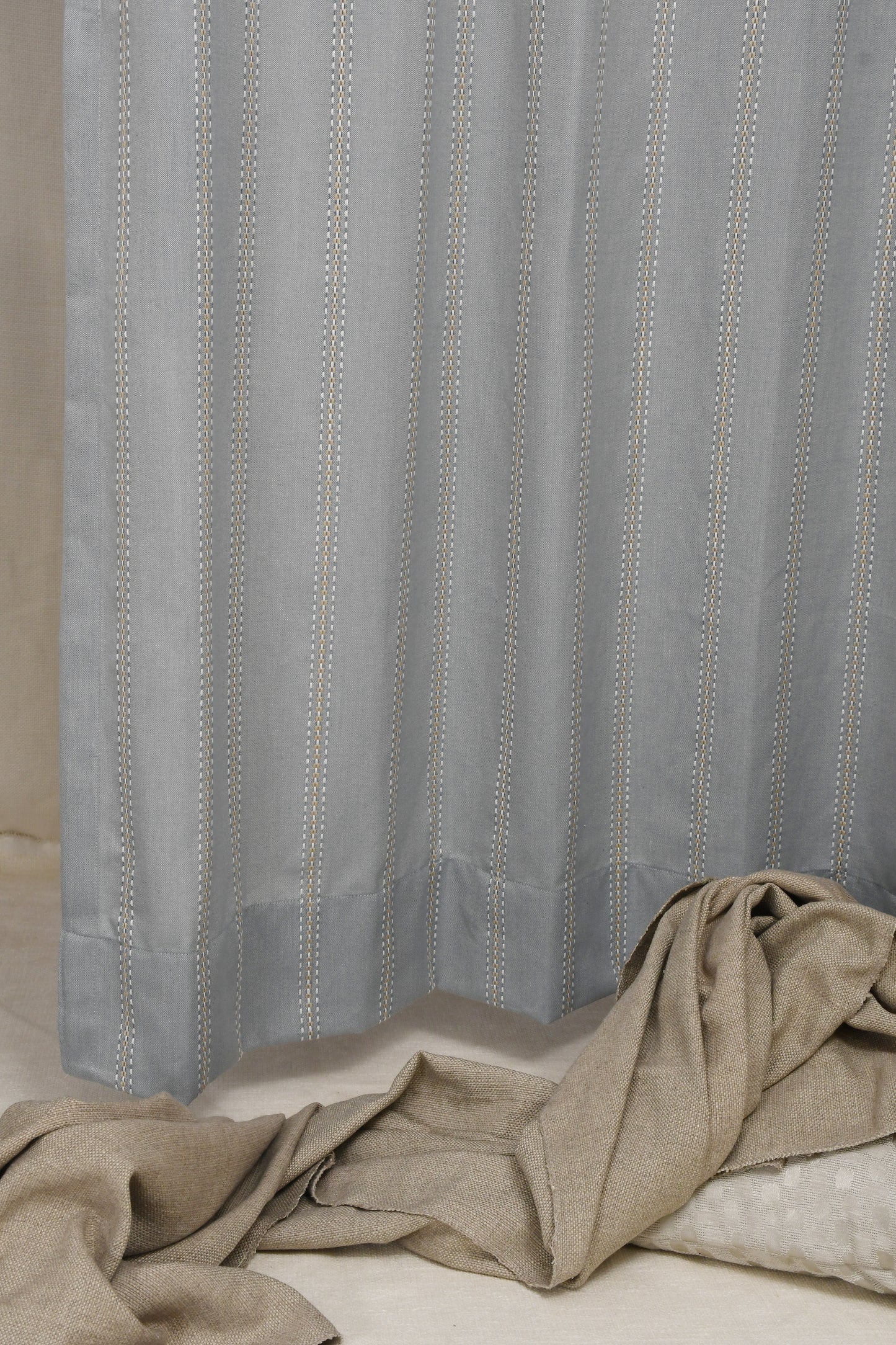 Ricamo Collection Curtains in Eyelet patttern with Stripe Embroidered Work Design in Light Blue Colour.