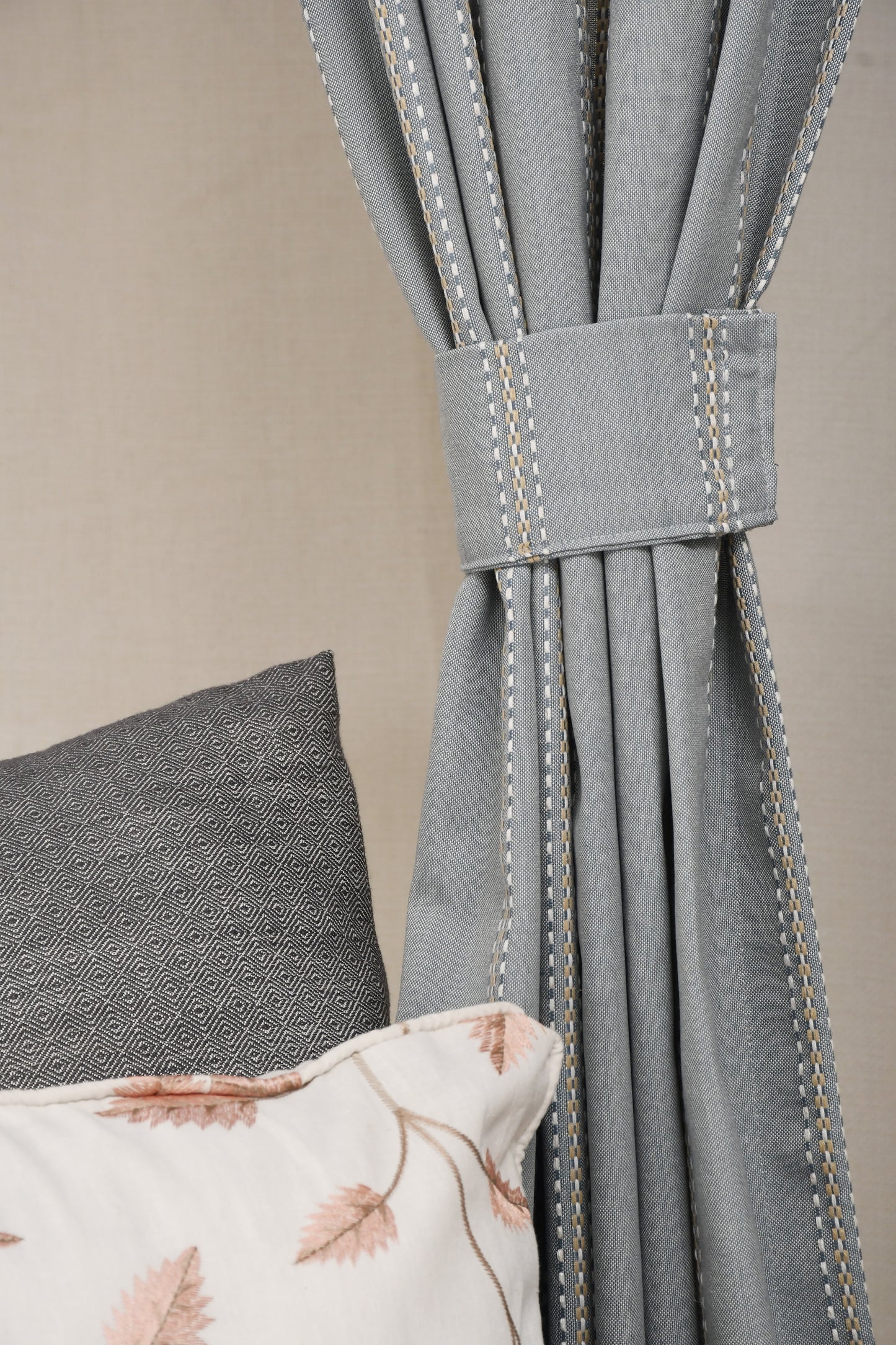 Ricamo Collection Curtains in Eyelet patttern with Stripe Embroidered Work Design in Light Blue Colour.