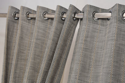 Ricamo Collection Curtains in Eyelet patttern with Stripe Embroidered Work Design in Grey Colour