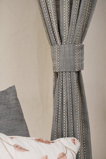 Ricamo Collection Curtains in Eyelet patttern with Stripe Embroidered Work Design in Grey Colour