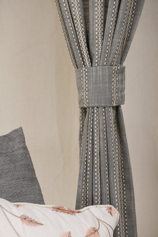 Ricamo Collection Curtains in Eyelet patttern with Stripe Embroidered Work Design in Grey Colour
