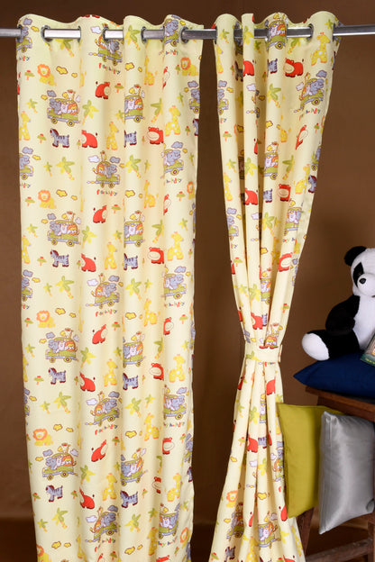 Bambini Digital Print Curtains on Polyester fabric for Kids Lion Theme Curtains with Pale Yellow base.